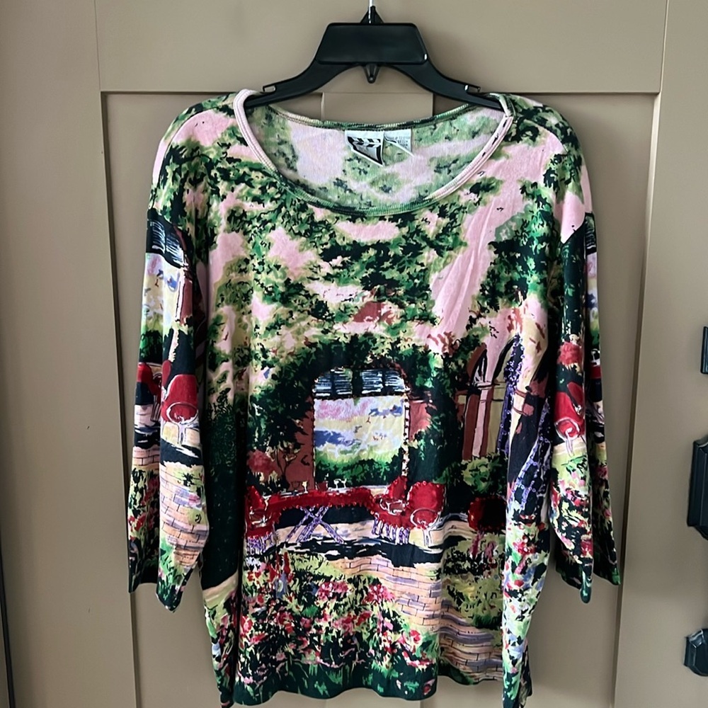 Take Two 2X 100% Cotton Tuscany Landscape Novelty Print Blouse 3/4 Sleeve Beaded